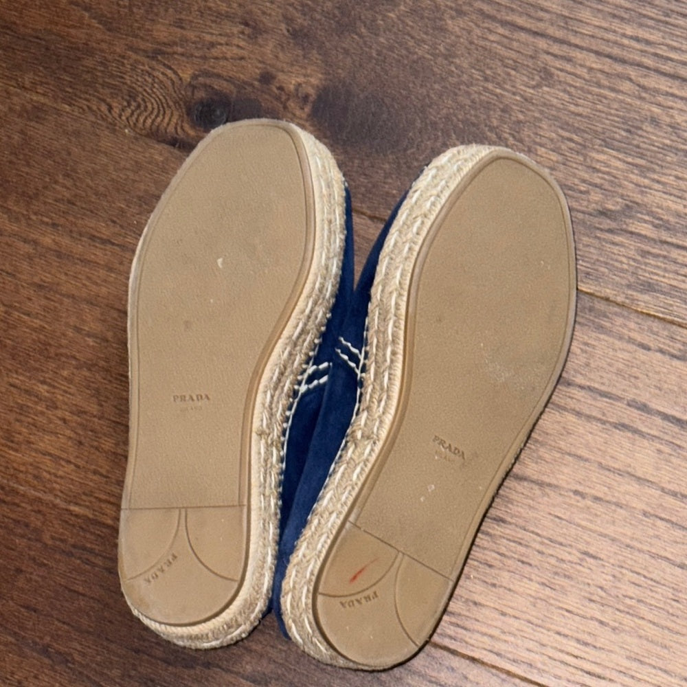 Prada Women’s Blue Suede Blue Espadrille Slip-On Peep Toe Shoes Size 39/9