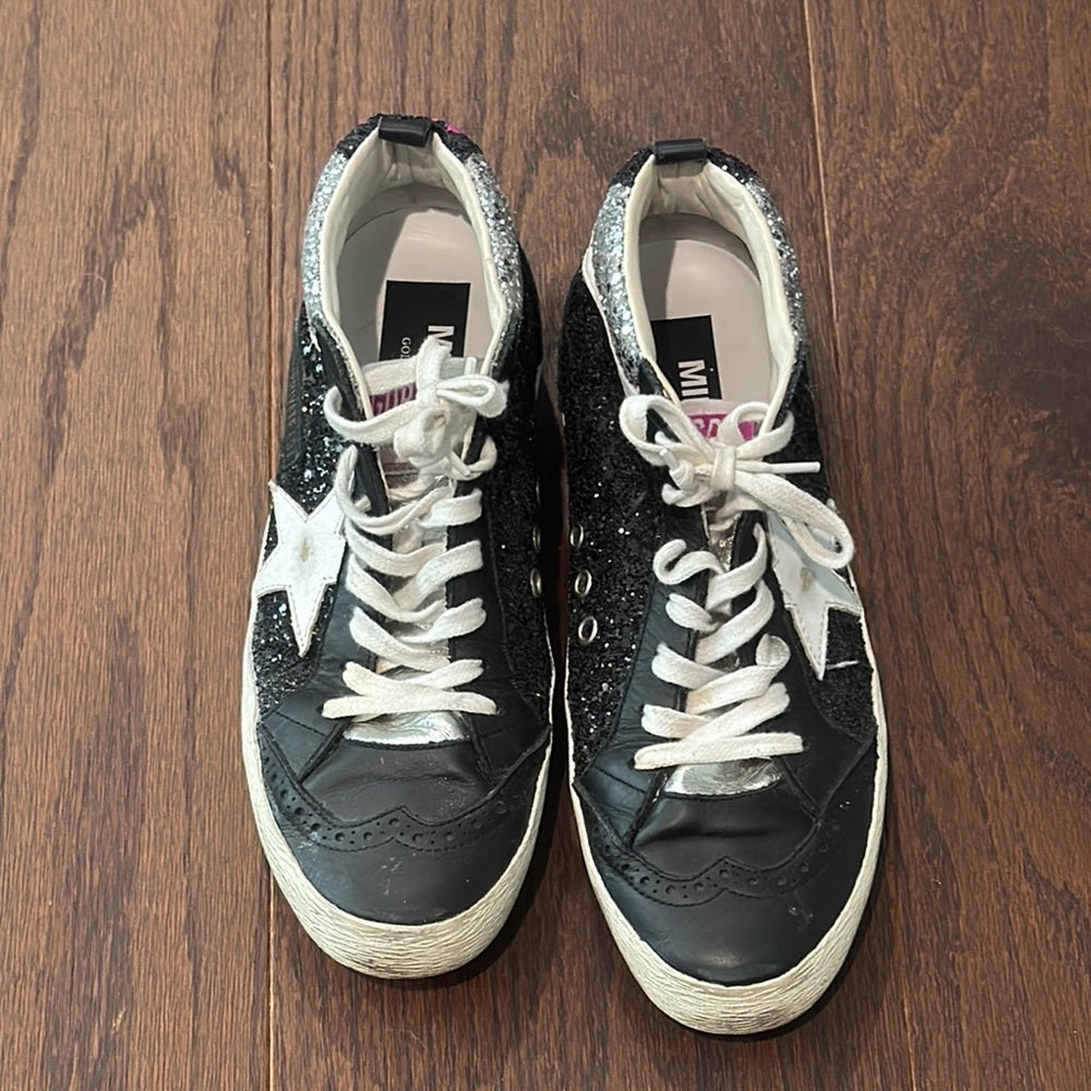 Golden Goose Black and Silver Glitter Mid Top Sneakers Size 39/9