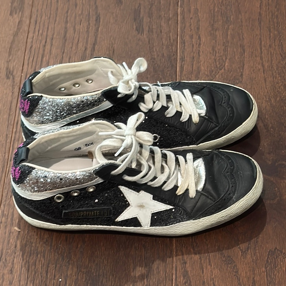 Golden Goose Black and Silver Glitter Mid Top Sneakers Size 39/9