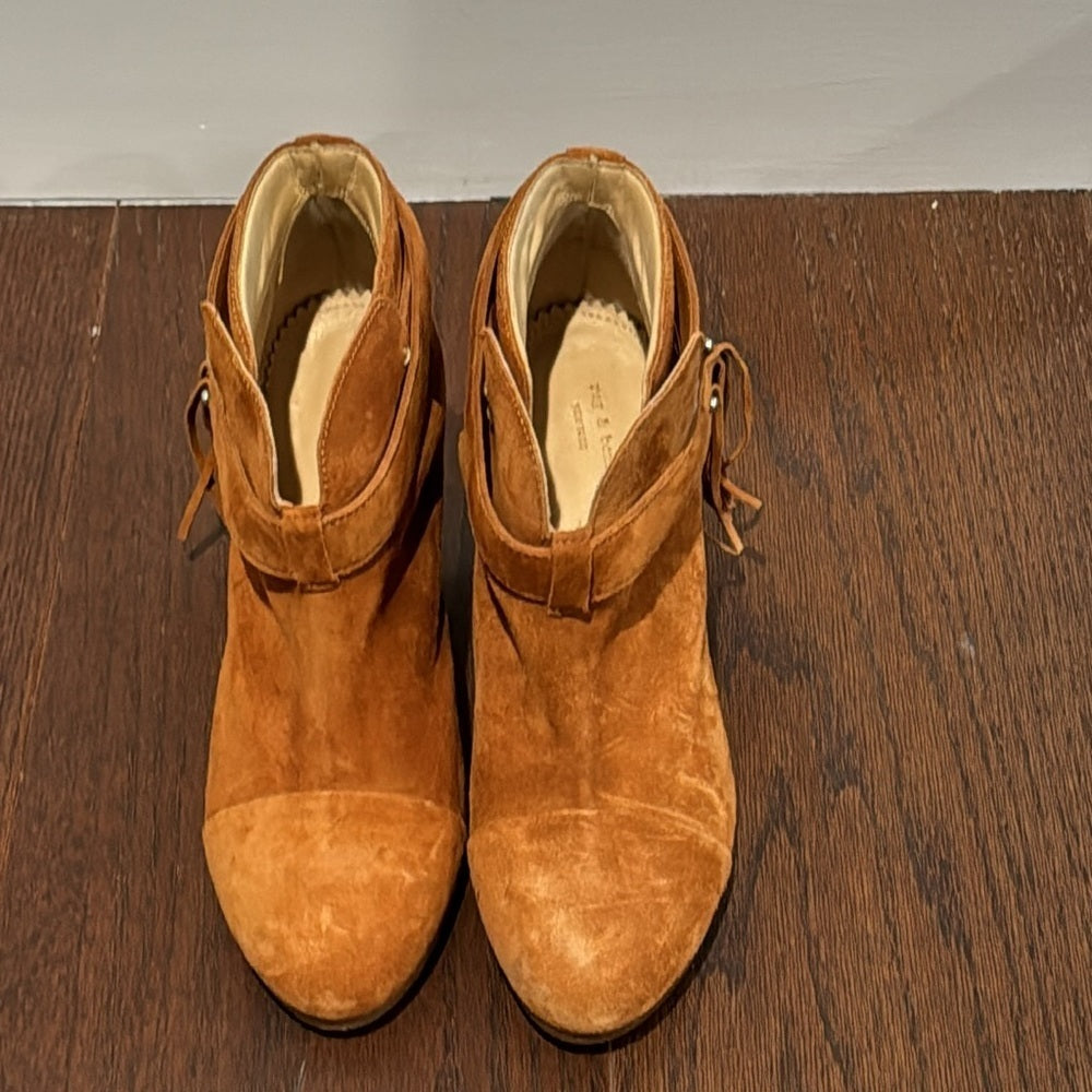 Rag & Bone Womenms Camel Brown Suede Harrow Boots with Fringe Size 37.5/7.5