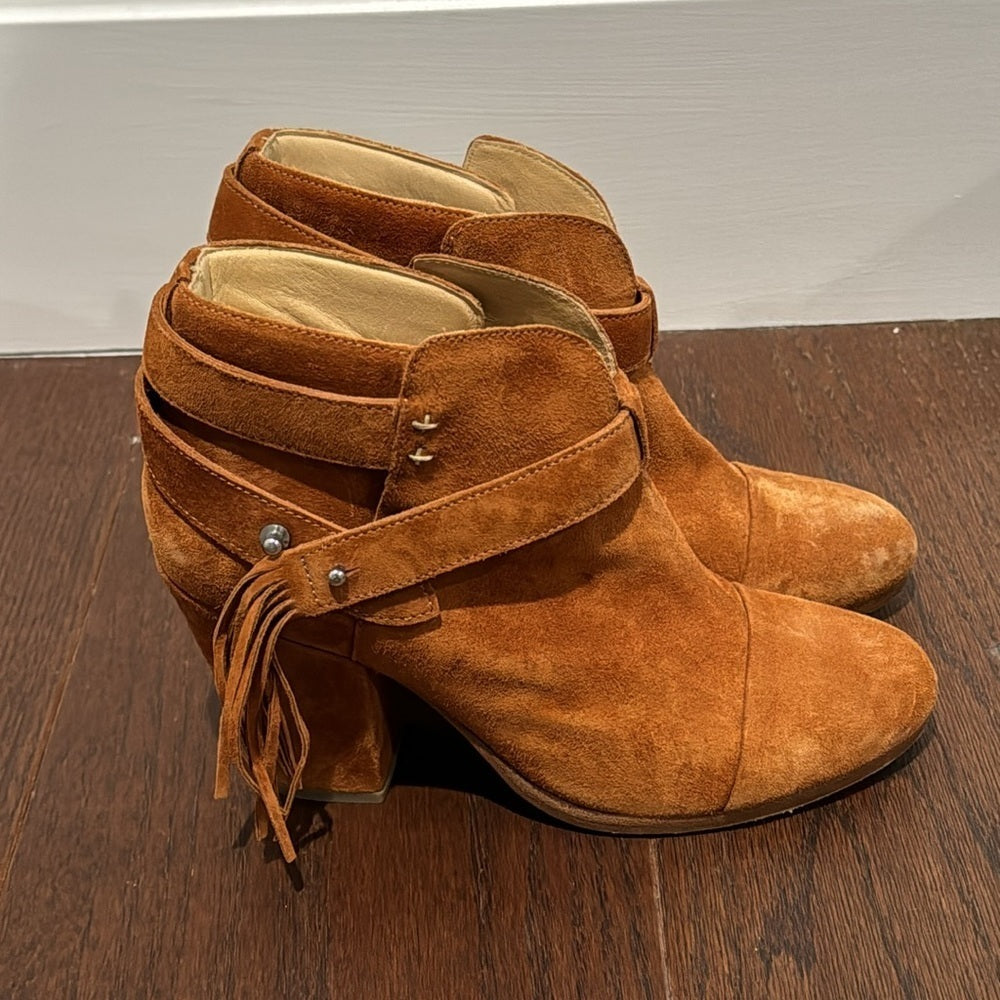 Rag & Bone Womenms Camel Brown Suede Harrow Boots with Fringe Size 37.5/7.5