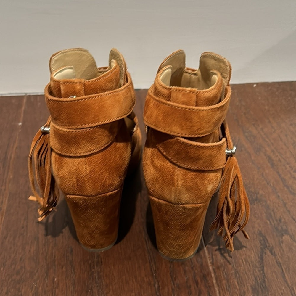 Rag & Bone Womenms Camel Brown Suede Harrow Boots with Fringe Size 37.5/7.5