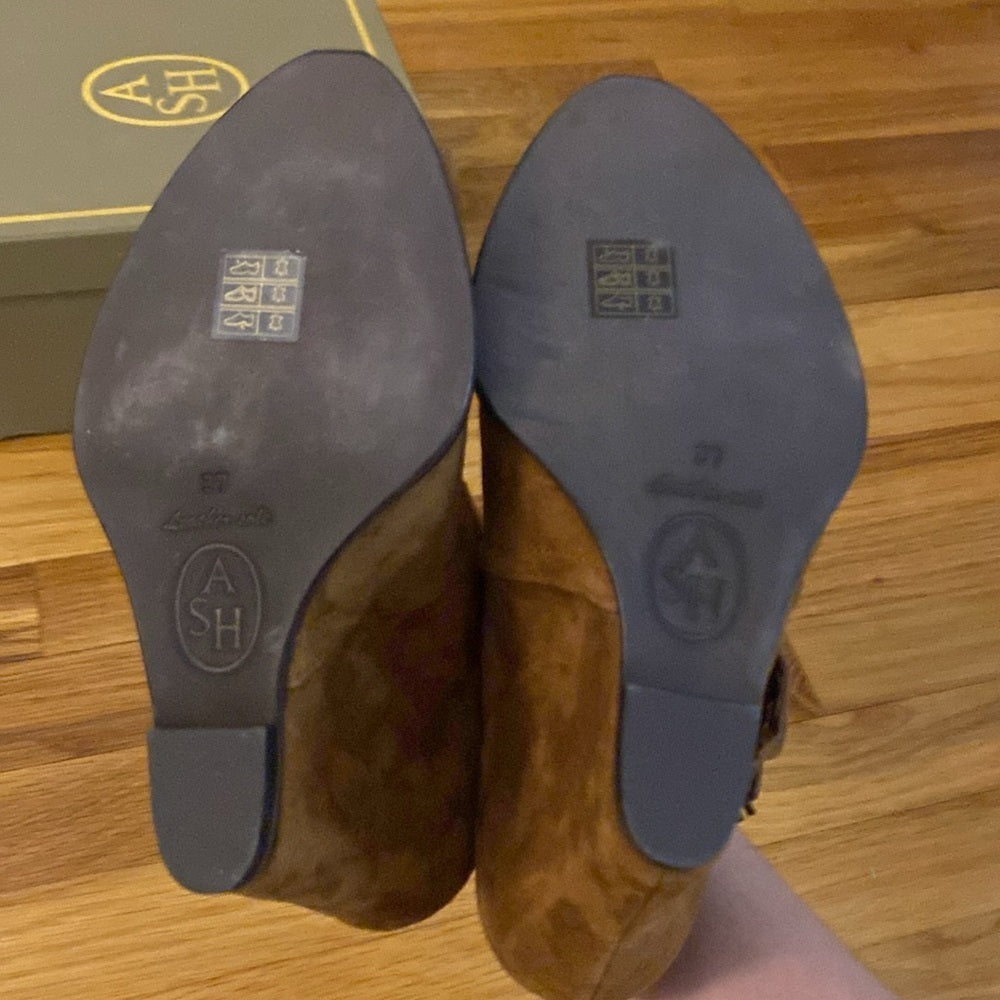 Ash Women’s Brown Wedge Open Toe Heels With Fringe Size 37