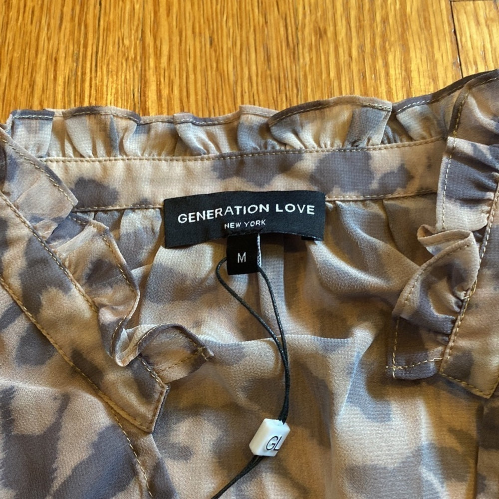 NWT GENERATION Love sheer leopard print lace up blouse size medium