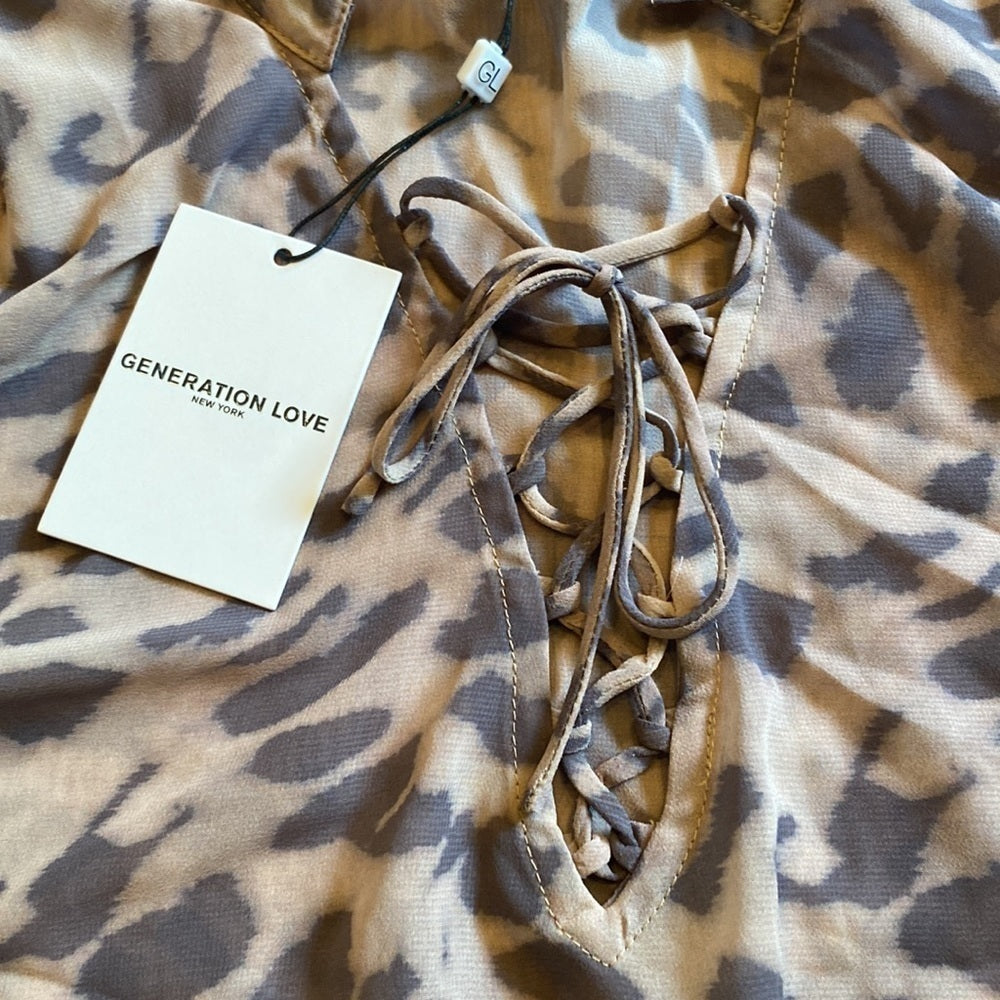 NWT GENERATION Love sheer leopard print lace up blouse size medium