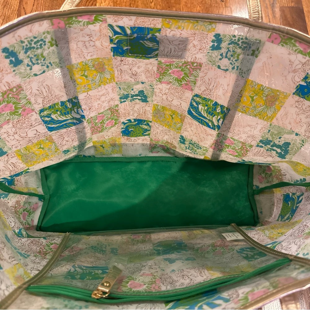 Lilly Pulitzer Green and Yellow Patchwork Tote with Gold Accents