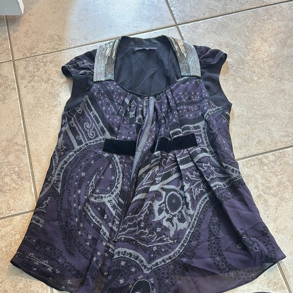 Etro Women’s Black and Purple Graphic Blouse Size 42