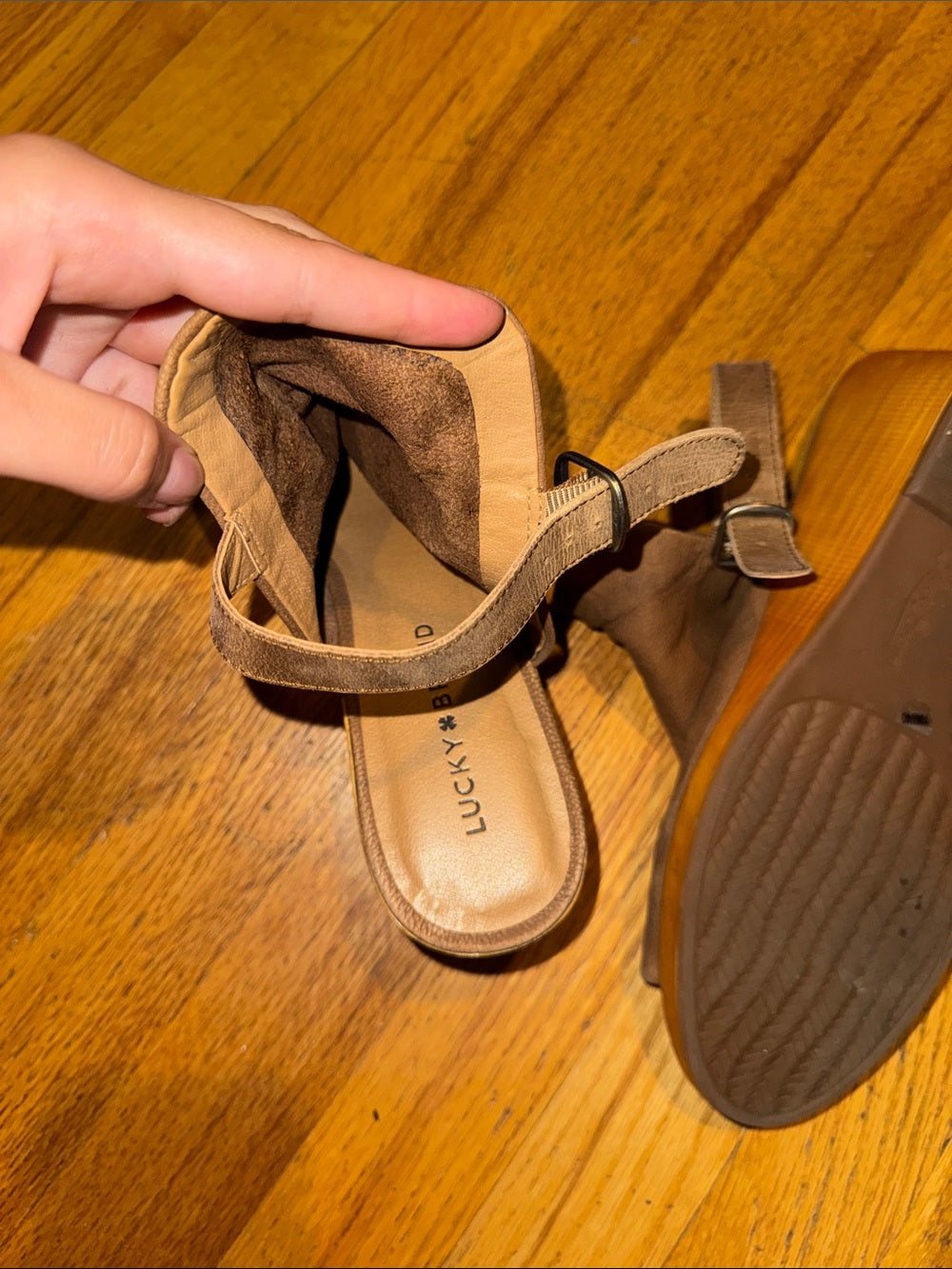 Lucky Brand Taupe Leather Open-Toe Wedge Sandals Women’s 10