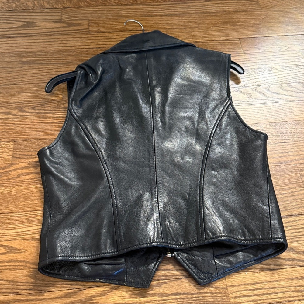 DKNY Black Leather Vest with Gold Accents Size 4