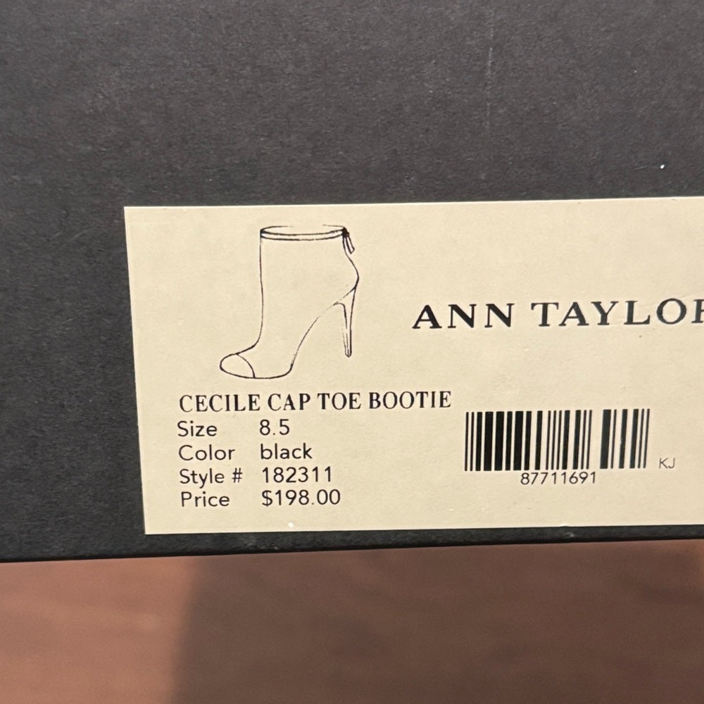 NWT Ann Taylor Cecile Black Ankle Boots with Glossy Cap Toe Size 8.5