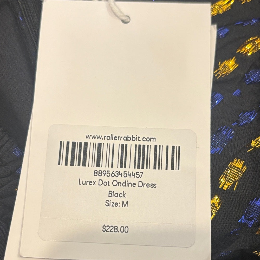 NWT Rolle Rabbit Women’s Black Maxi Dress Gold & Blue Polka Dots Size Medium