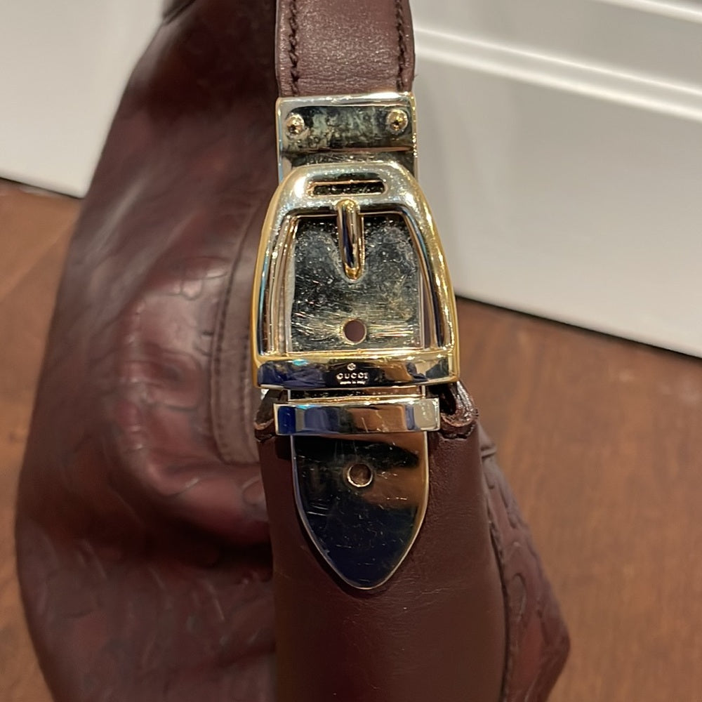 Gucci Horsebit Embossed Leather Hobo Shoulder Bag in Brown