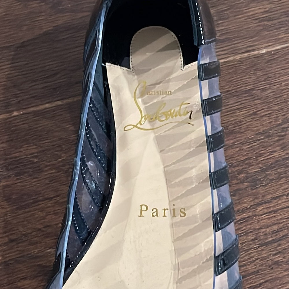 Christian Louboutin Clear and Black Patent Leather Peep Toe Flats Size 5.5