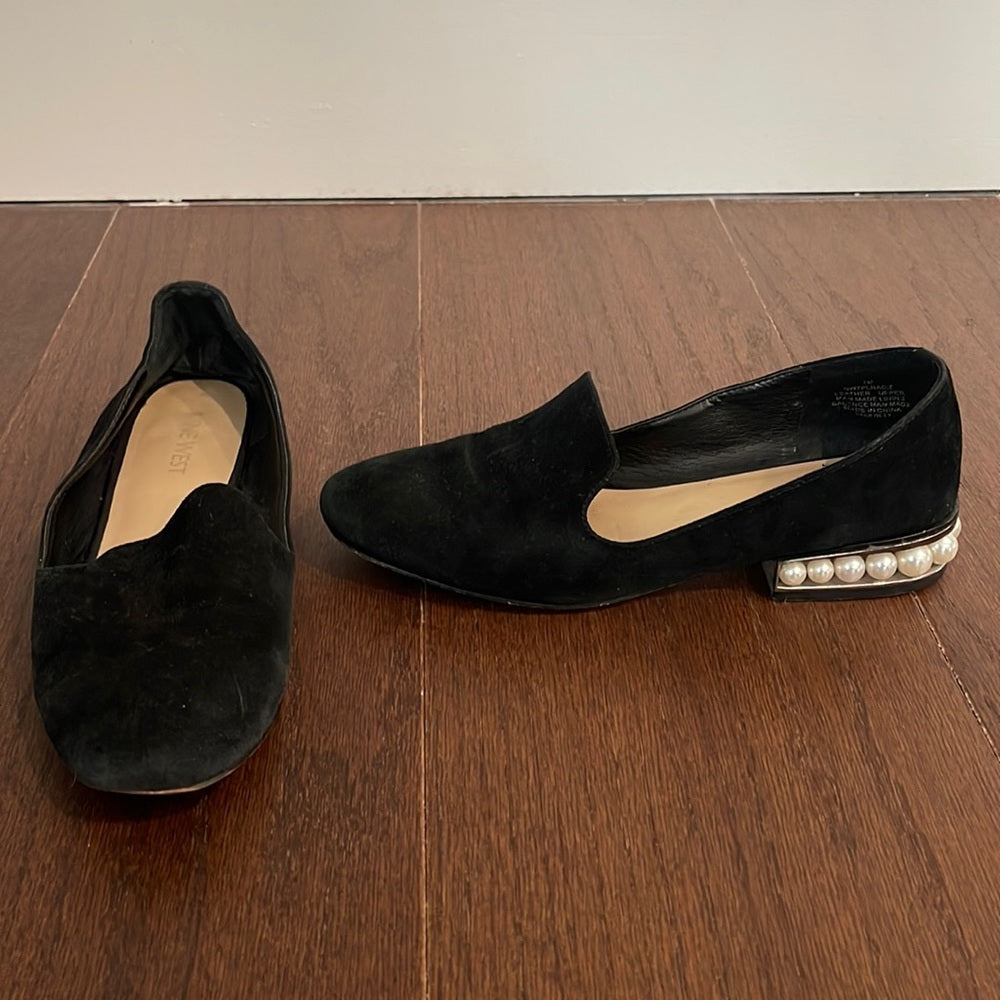 Nine West Black Suede Flats with Pearls Size 7