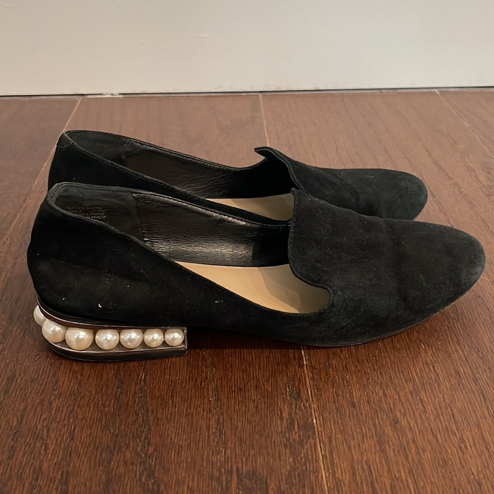 Nine West Black Suede Flats with Pearls Size 7