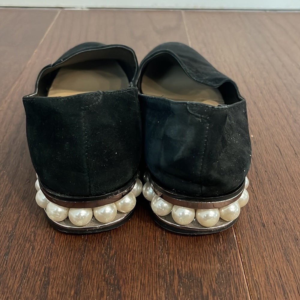 Nine West Black Suede Flats with Pearls Size 7