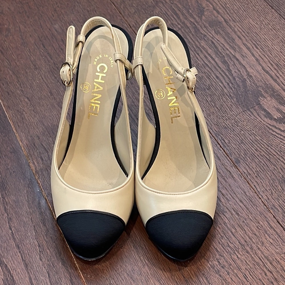 Chanel Beige and Black Sling Backs Size 36.5/6.5