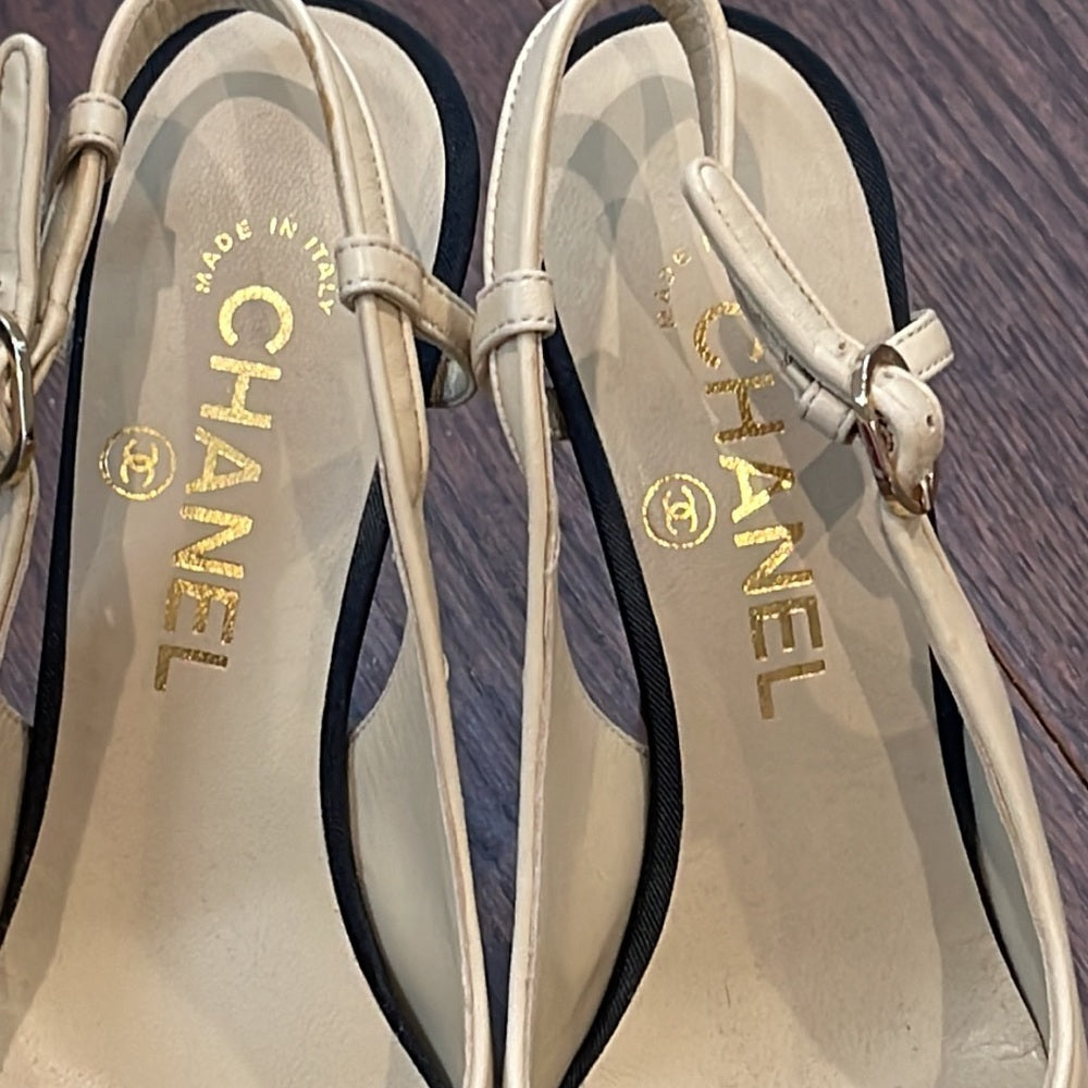 Chanel Beige and Black Sling Backs Size 36.5/6.5
