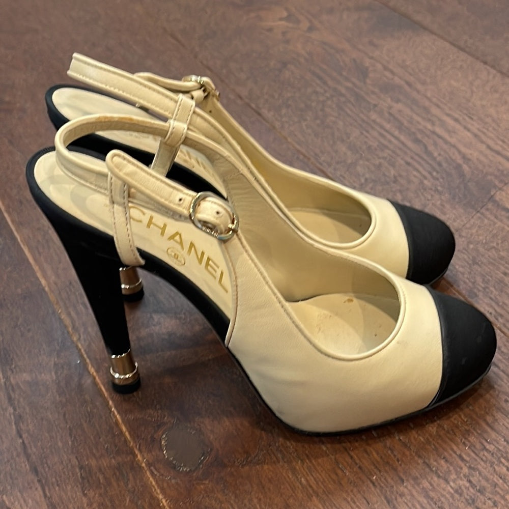 Chanel Beige and Black Sling Backs Size 36.5/6.5