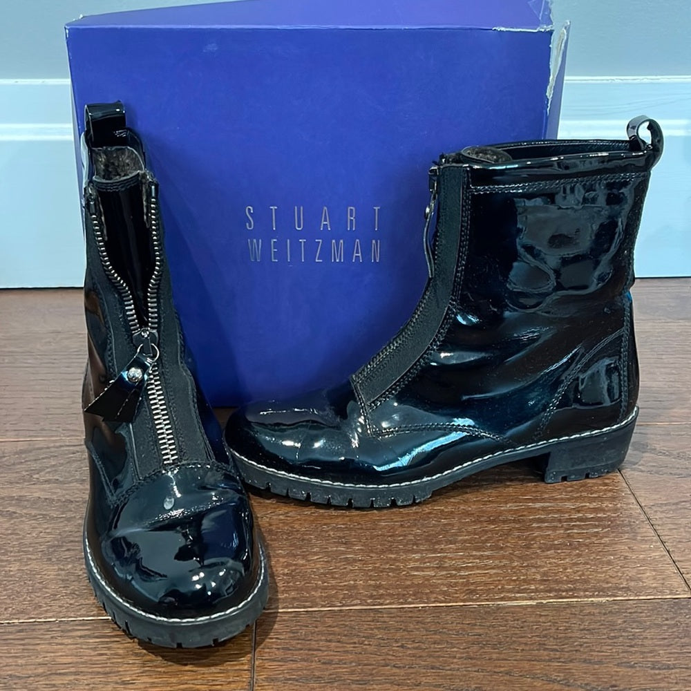 Stuart Weitzman Black Patent Leather Zips Up Boots Size 10