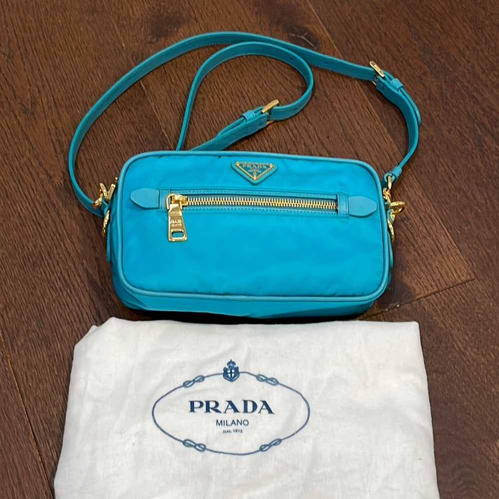 NWT Prada Blue Nylon Crossbody Bag with Gold Hardware