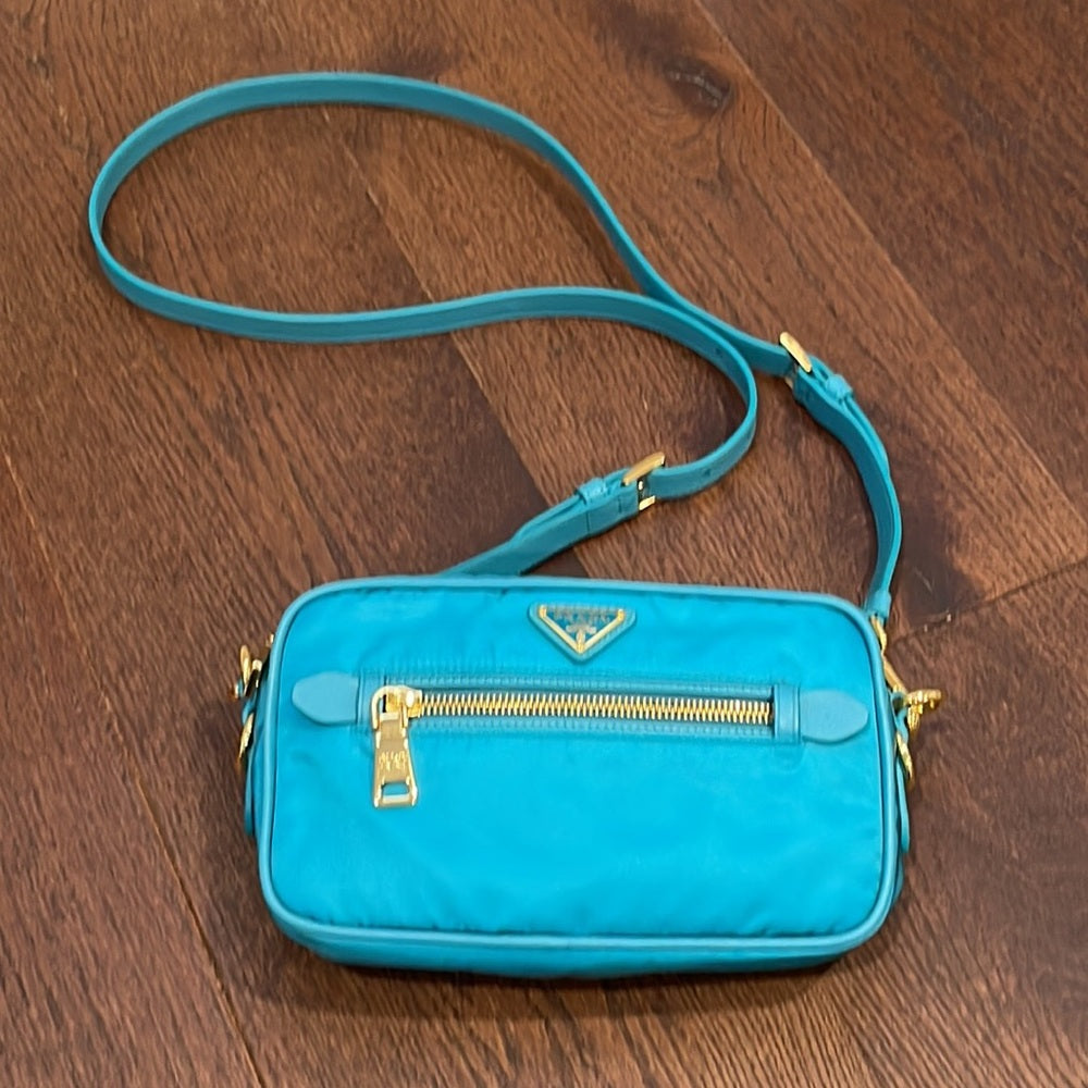 NWT Prada Blue Nylon Crossbody Bag with Gold Hardware