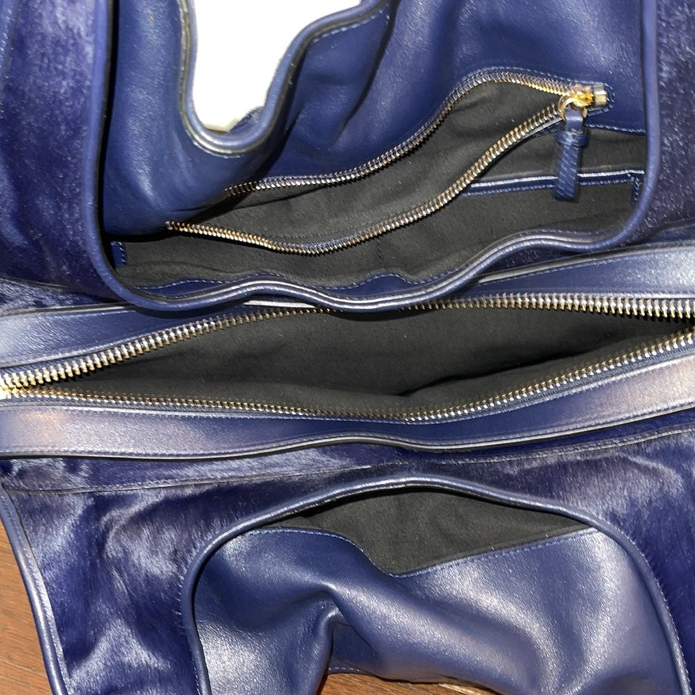 Stuart Weitzman Navy Blue Fur and Leather Shoulder Bag