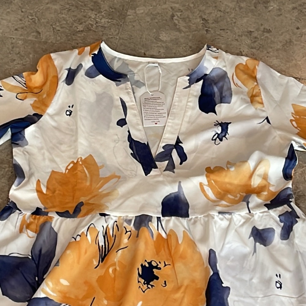 IndieFit Yellow Blue Summer Print White Tiered Women’s Dress Size Medium