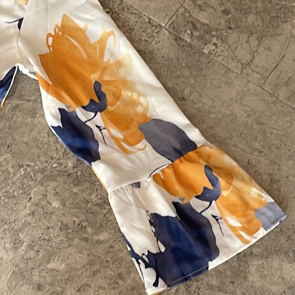 IndieFit Yellow Blue Summer Print White Tiered Women’s Dress Size Medium