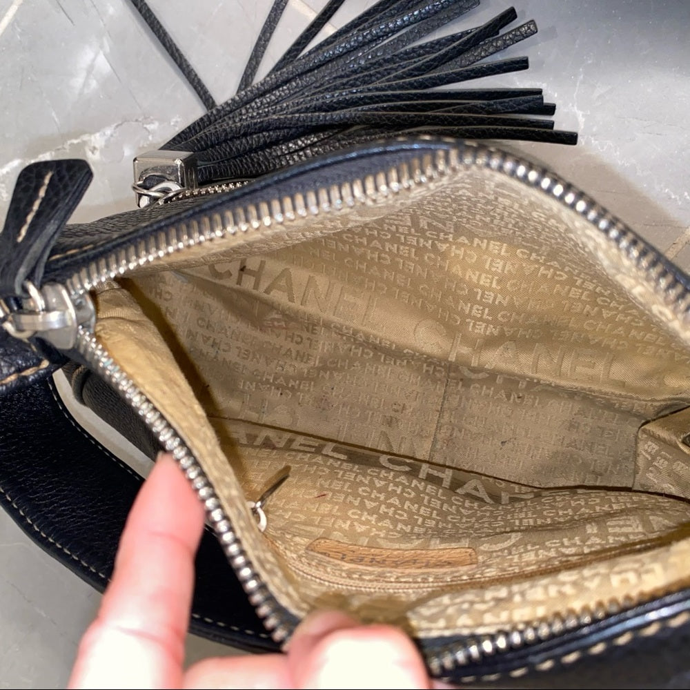 CHANEL Black Leather Fringe Handbag