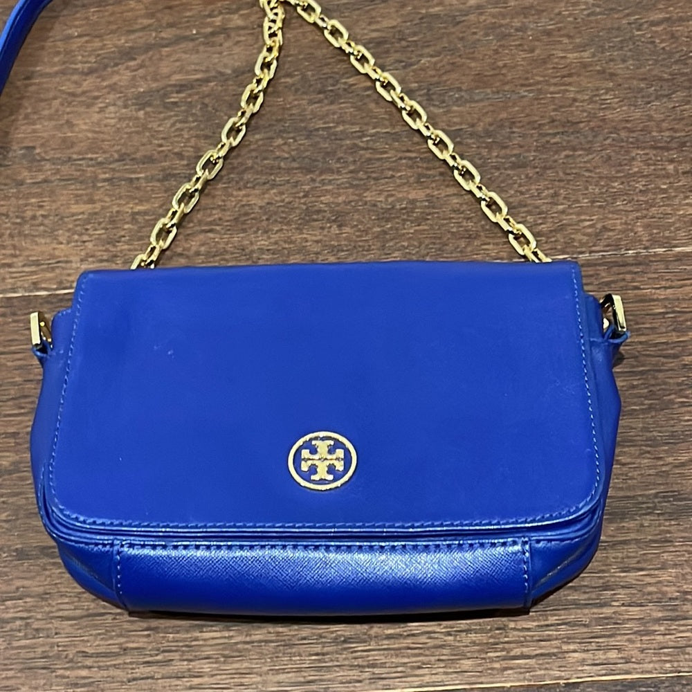 Tory Burch Robinson Mini Chain-Strap Bag Blue and Gold