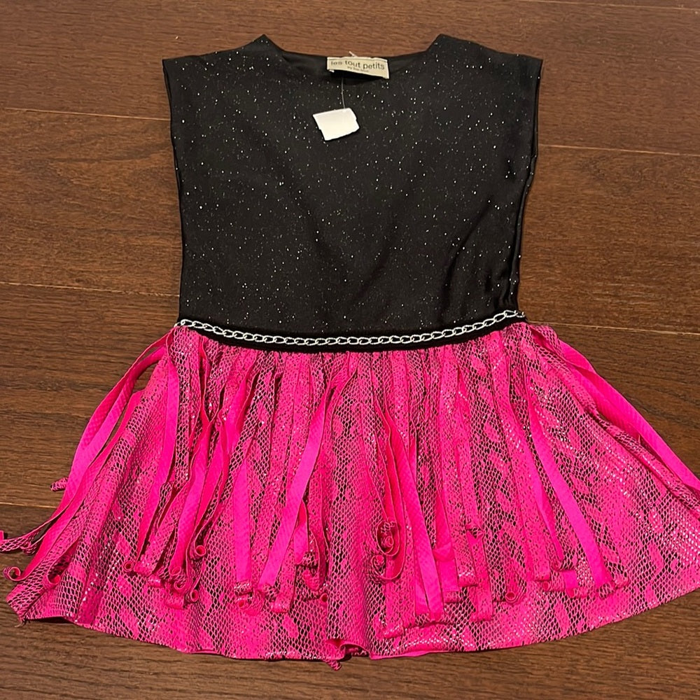 NWT Les Tout Petits Black Shimmer/Pink Snake Chain Cap Sleeve Fringe Size 6x