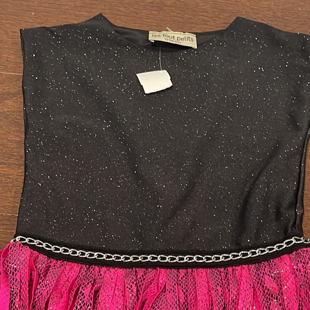 NWT Les Tout Petits Black Shimmer/Pink Snake Chain Cap Sleeve Fringe Size 6x