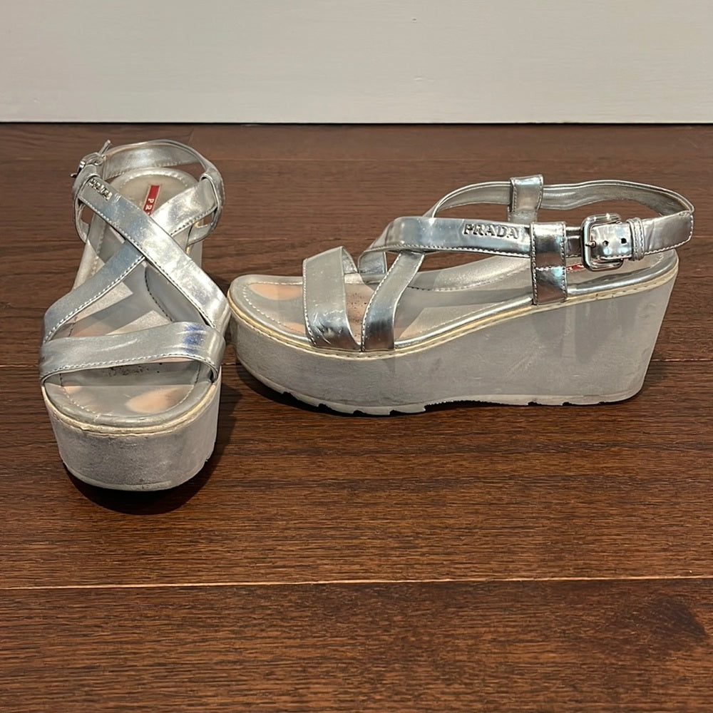Prada Women’s Silver Platform Sandals Size 38.5/8.5