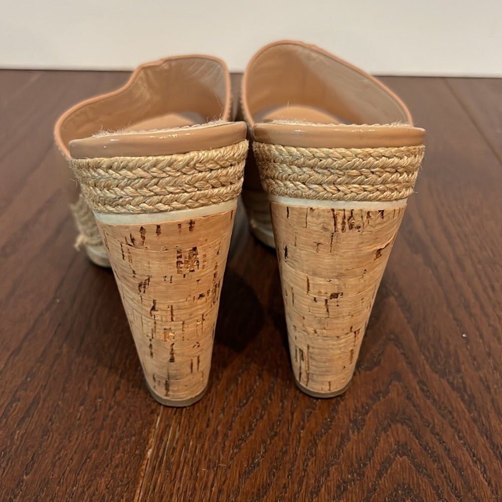 Prada Womenms Tan Patent Leather Cork Sandals Size 37 / 7