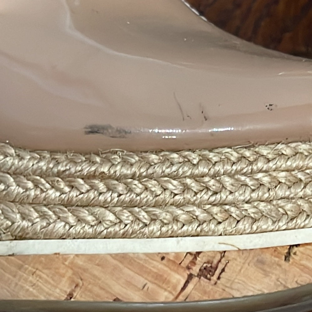 Prada Womenms Tan Patent Leather Cork Sandals Size 37 / 7
