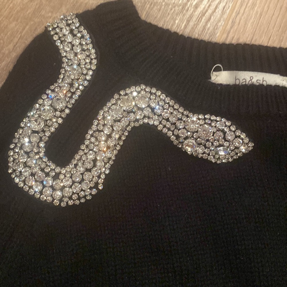 ba&sh Women’s Black Sweater With Snake Design and Open Shouler Size 1/ Small