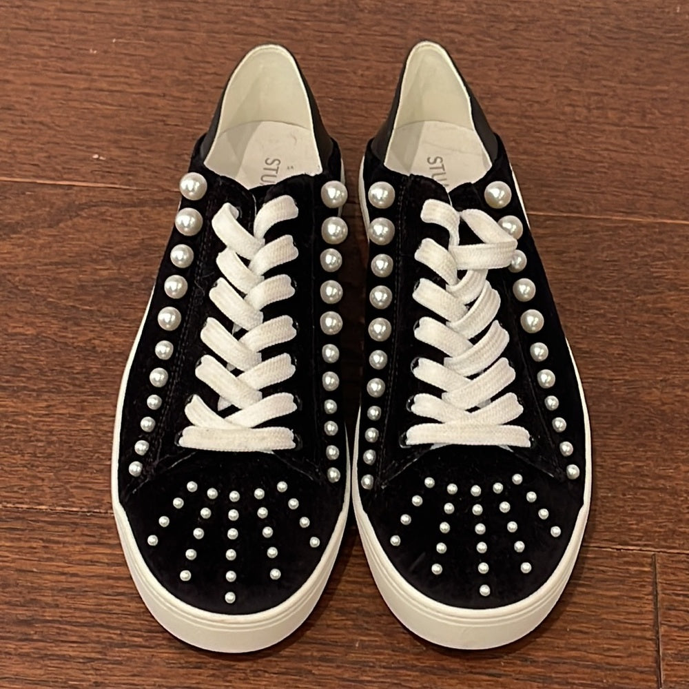 Stuart Weitzman Women’s Black Velvet and Leather With Pearl Sneakers Size 10