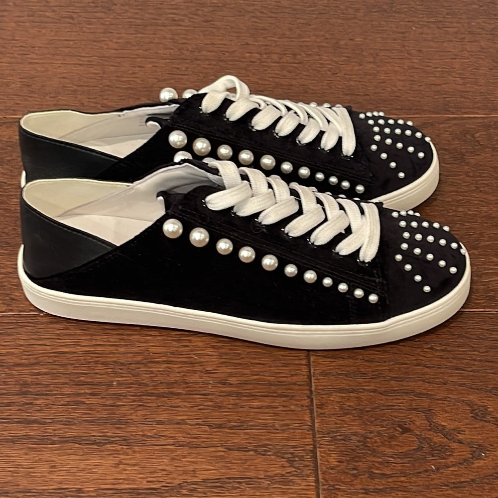 Stuart Weitzman Women’s Black Velvet and Leather With Pearl Sneakers Size 10