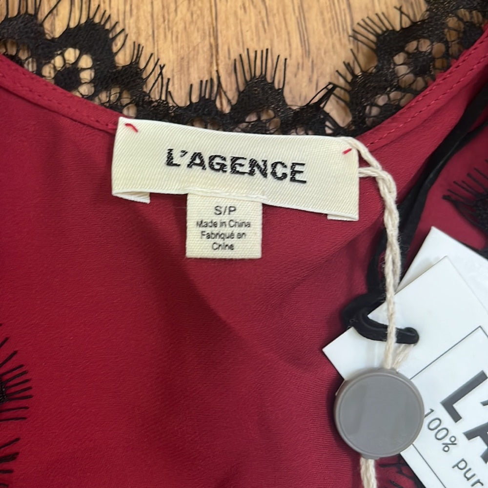 NWT L’AGENCE Women’s Maroon Silk Blouse With Black Lace Size S