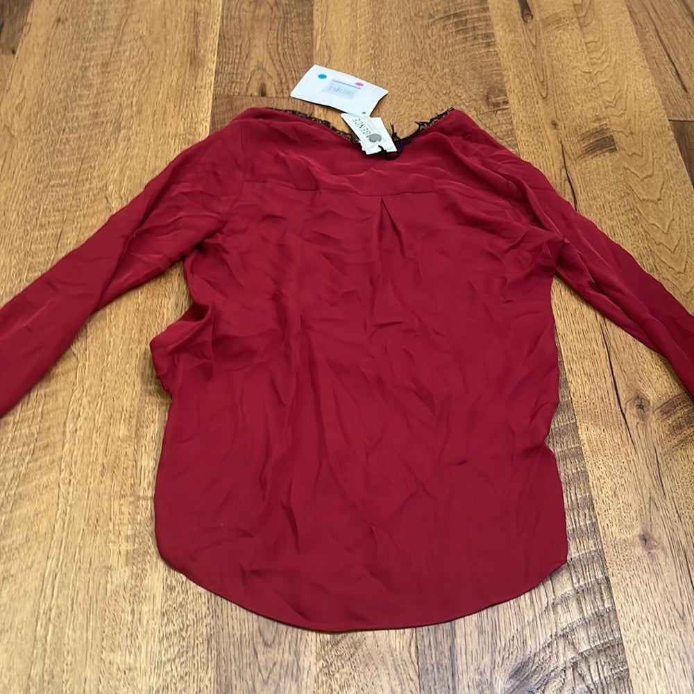 NWT L’AGENCE Women’s Maroon Silk Blouse With Black Lace Size S