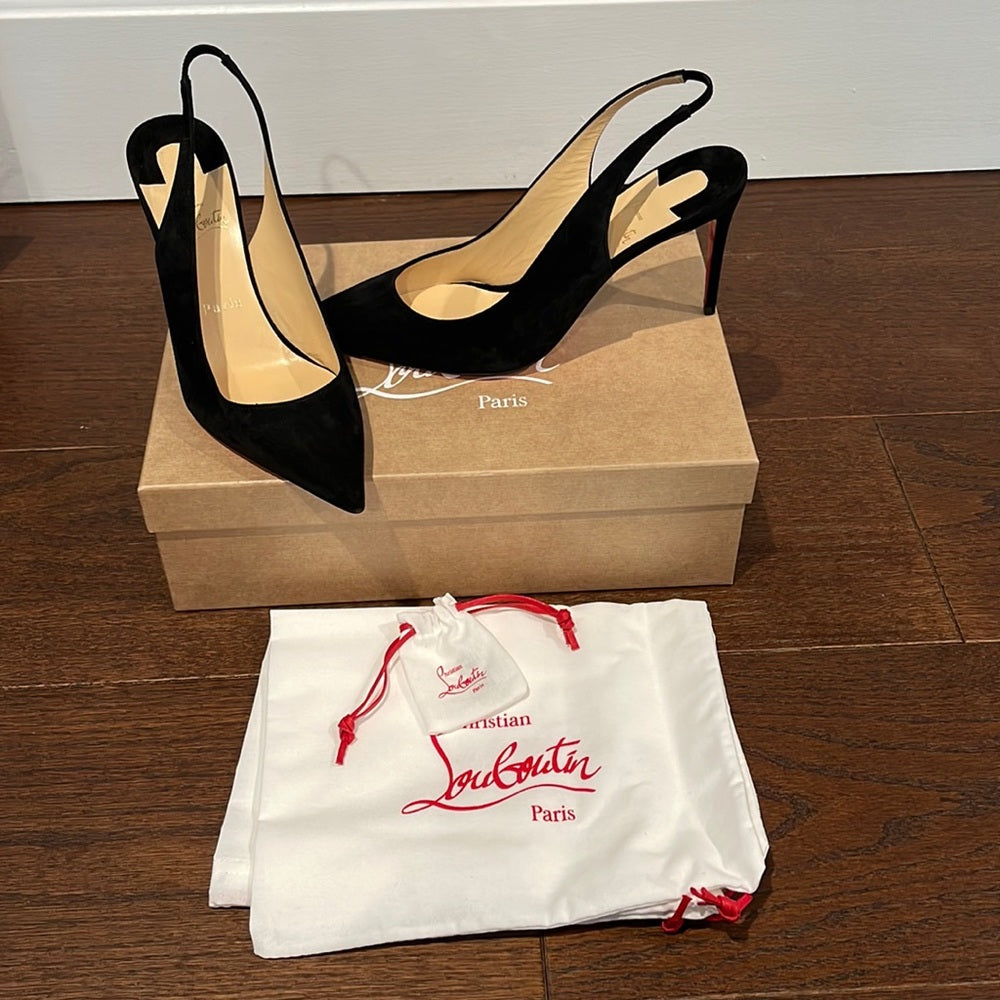 NWT Christian Louboutin Black Suede Kate Sling Back Heels Size 39/9