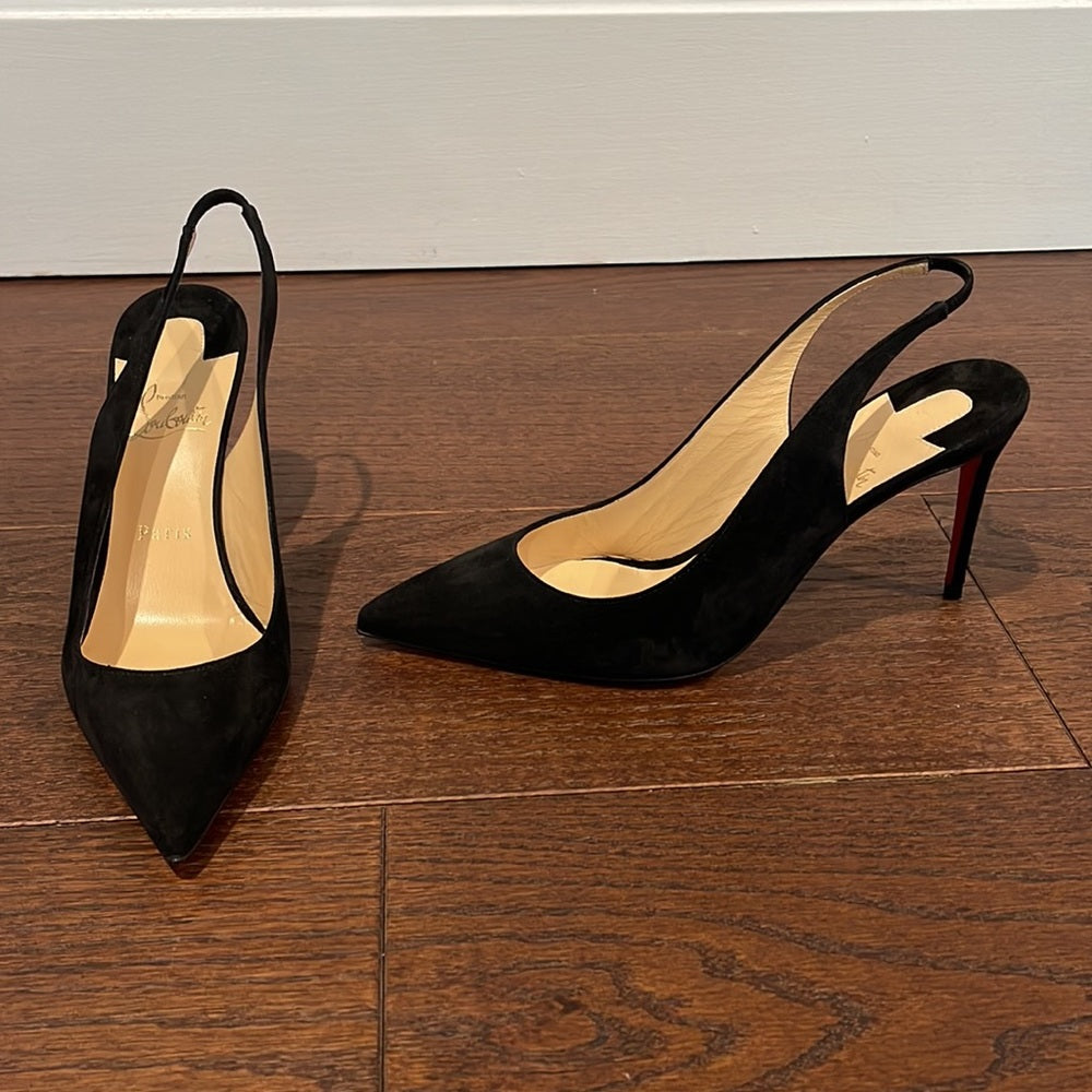 NWT Christian Louboutin Black Suede Kate Sling Back Heels Size 39/9