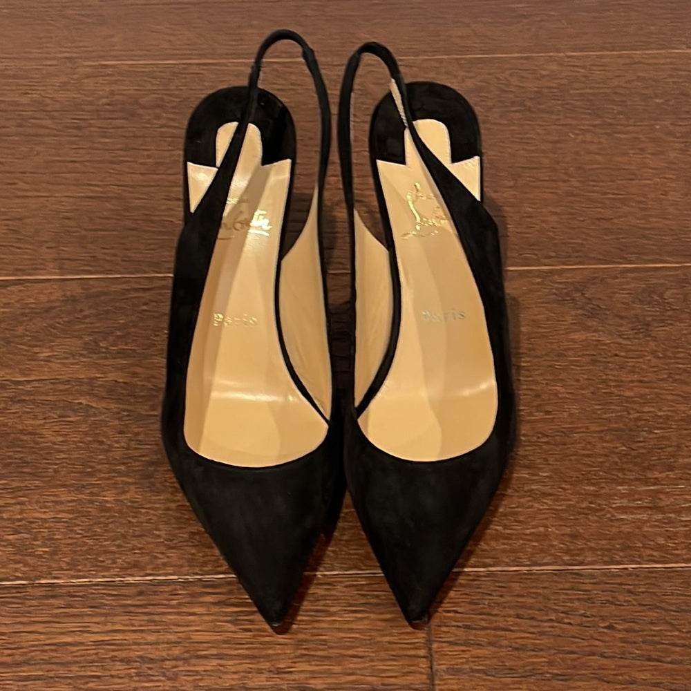NWT Christian Louboutin Black Suede Kate Sling Back Heels Size 39/9