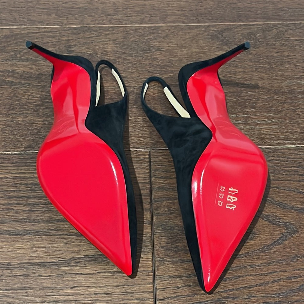 NWT Christian Louboutin Black Suede Kate Sling Back Heels Size 39/9