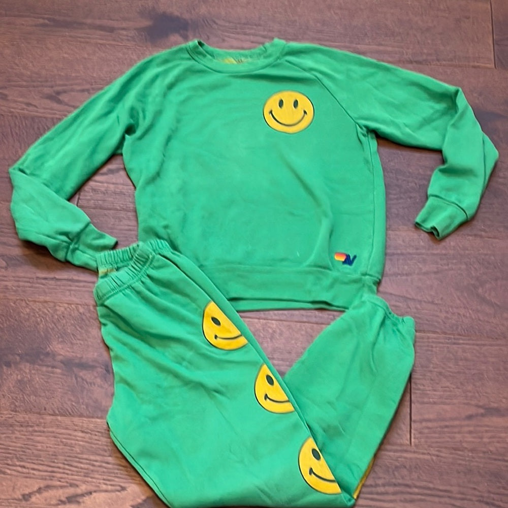 Aviator Nations Women’s Green Smiley Face Sweatshirt & Sweatpants Set Size XS