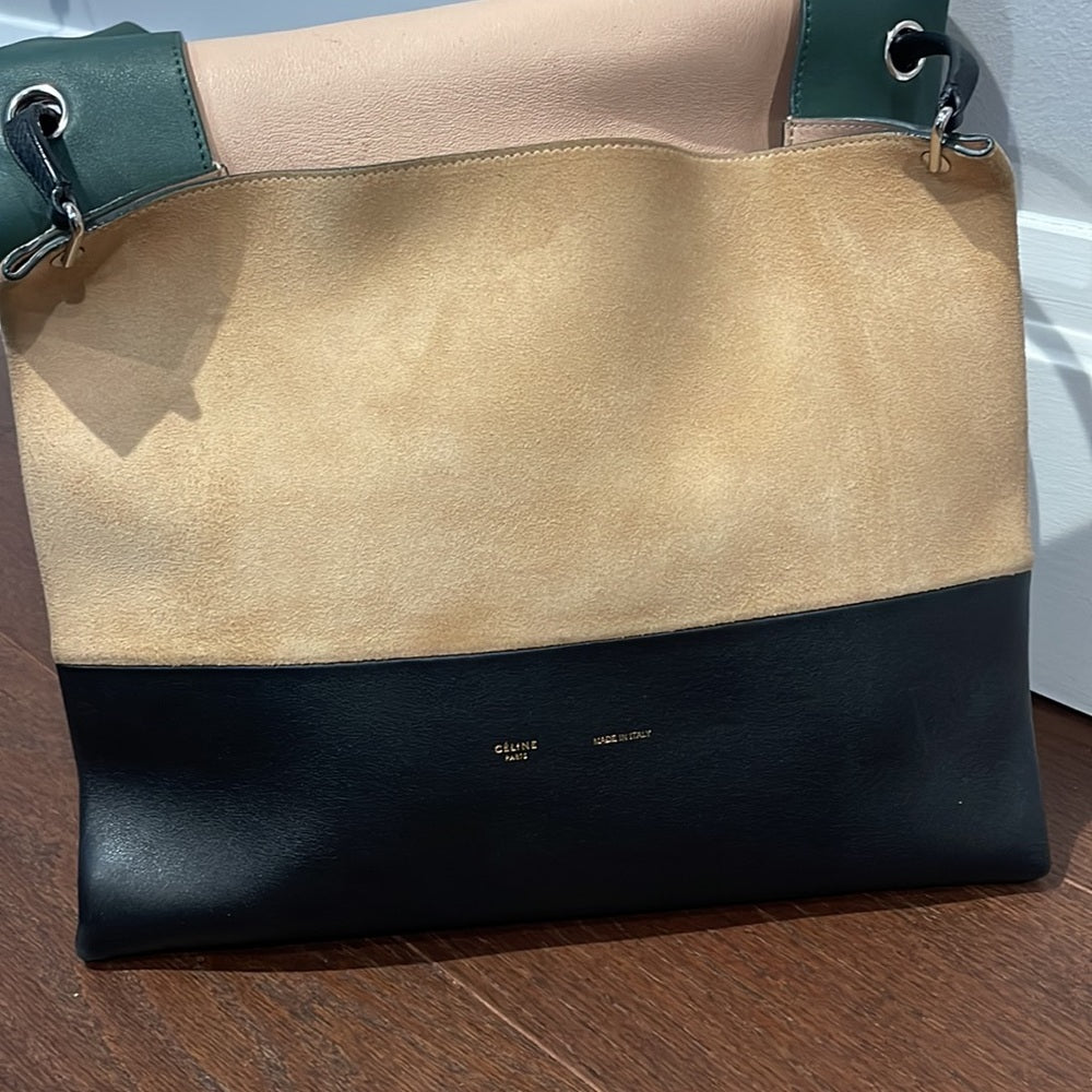 CELINE Women’s All Soft Green and Black Leather and Suede Shoulder Bag w/ Pouch
