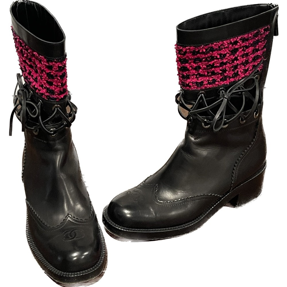 Chanel Women’s Black Leather Corset Lace and Pink Tweed Boots Size 38.5 /8.5