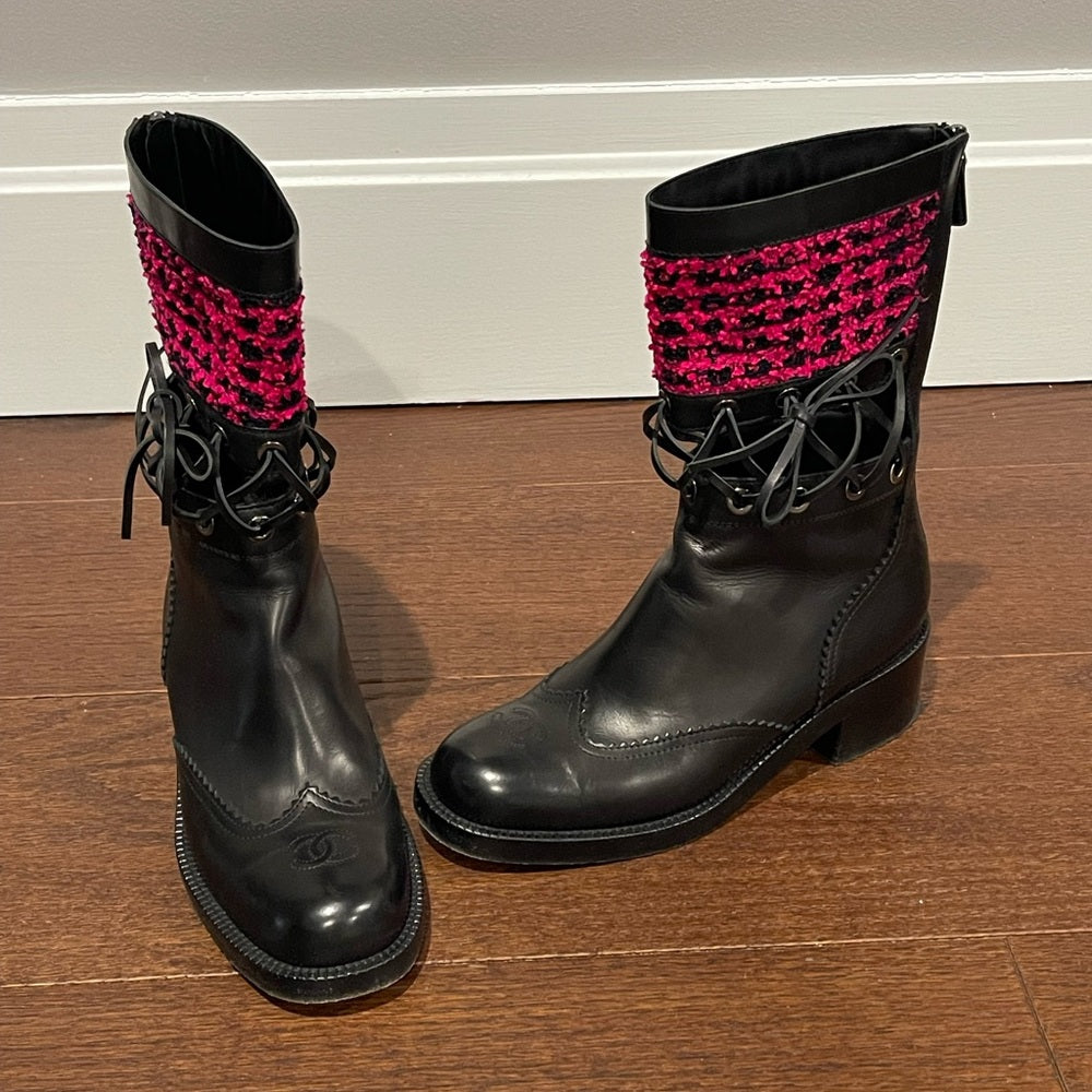 Chanel Women’s Black Leather Corset Lace and Pink Tweed Boots Size 38.5 /8.5
