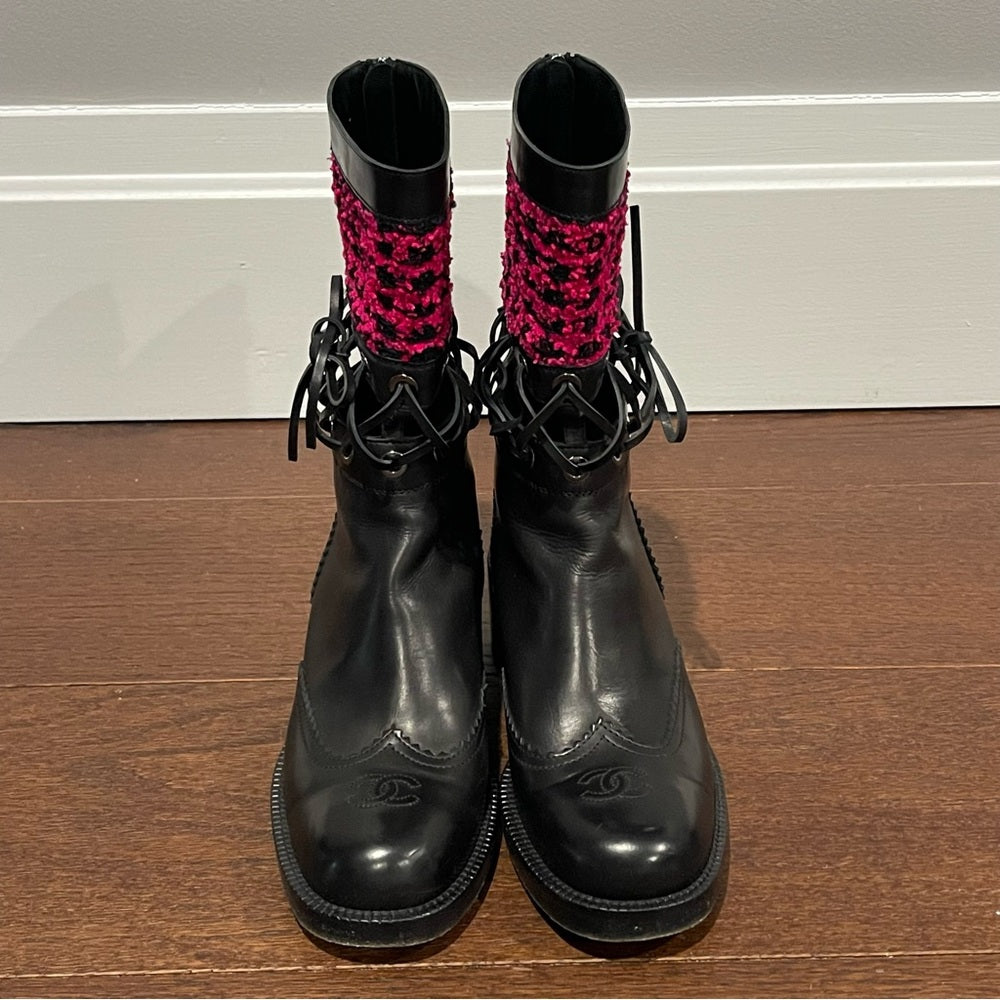 Chanel Women’s Black Leather Corset Lace and Pink Tweed Boots Size 38.5 /8.5
